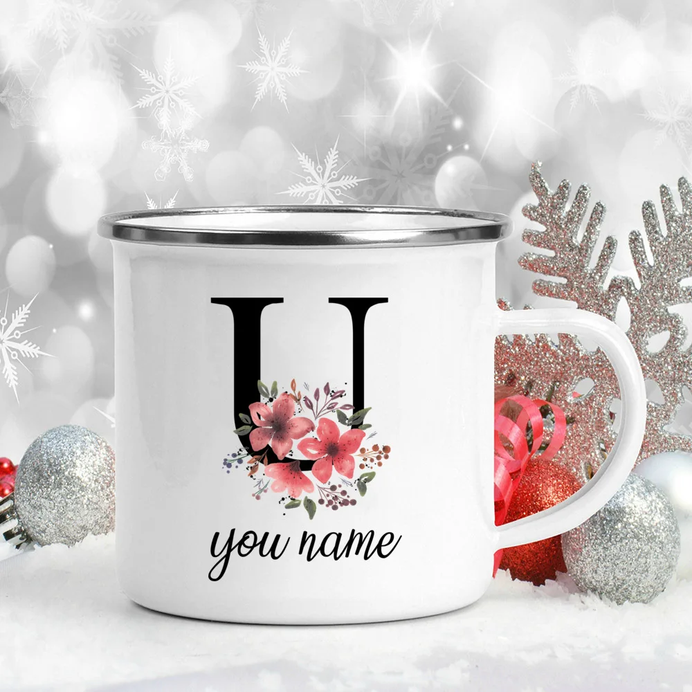 Custom Personalized Name Flower Enamel Mug