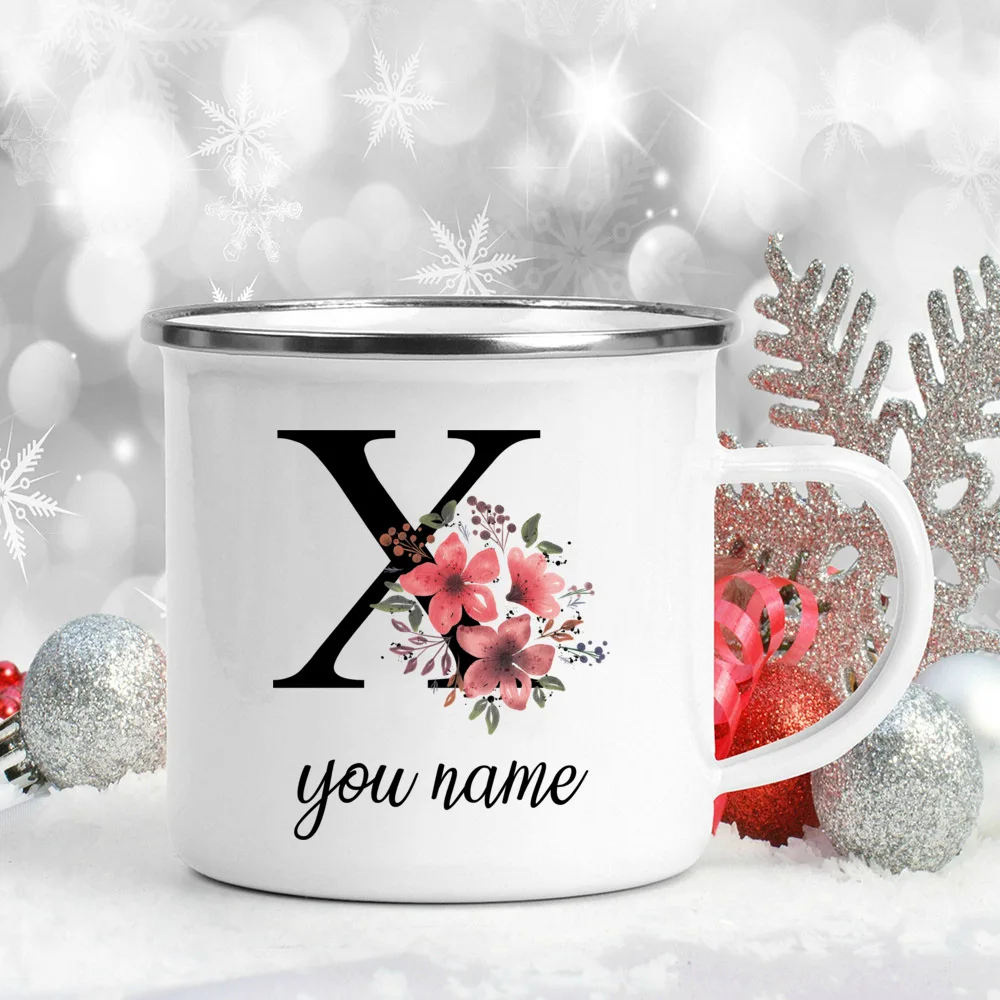 Custom Personalized Name Flower Enamel Mug