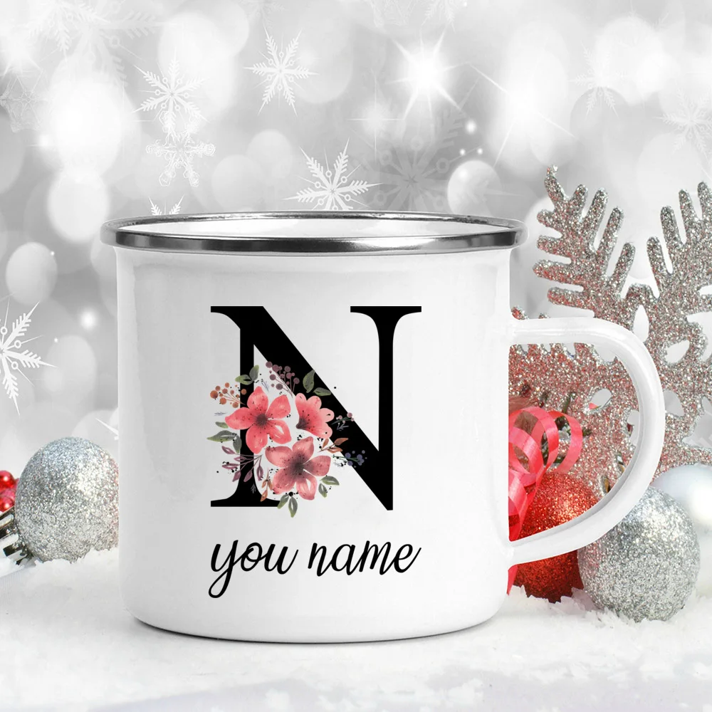Custom Personalized Name Flower Enamel Mug