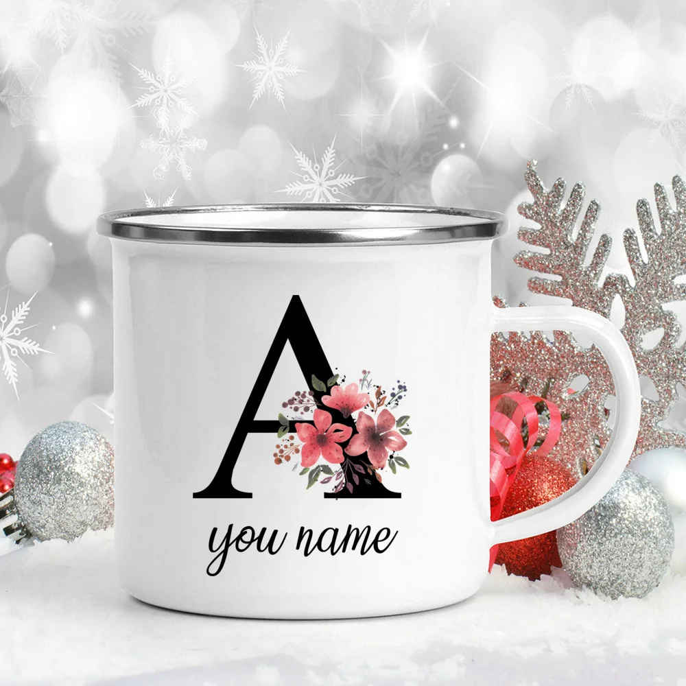 Custom Personalized Name Flower Enamel Mug