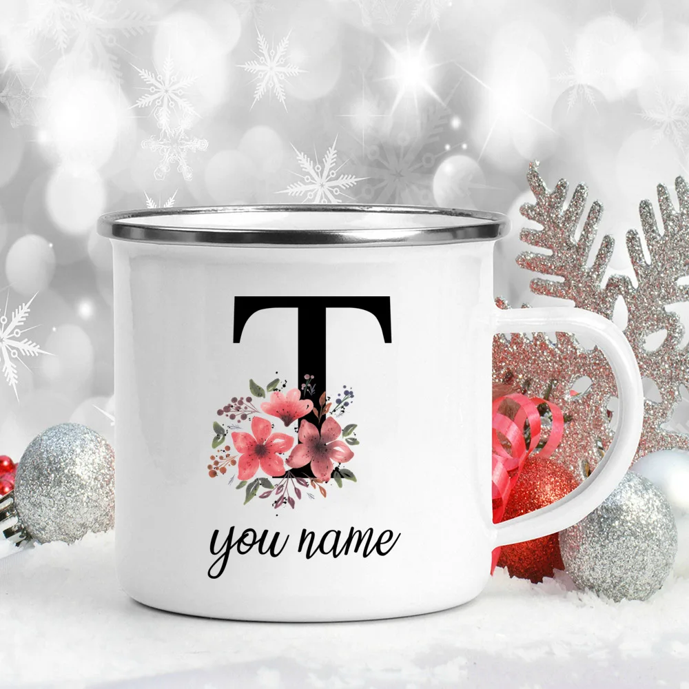 Custom Personalized Name Flower Enamel Mug