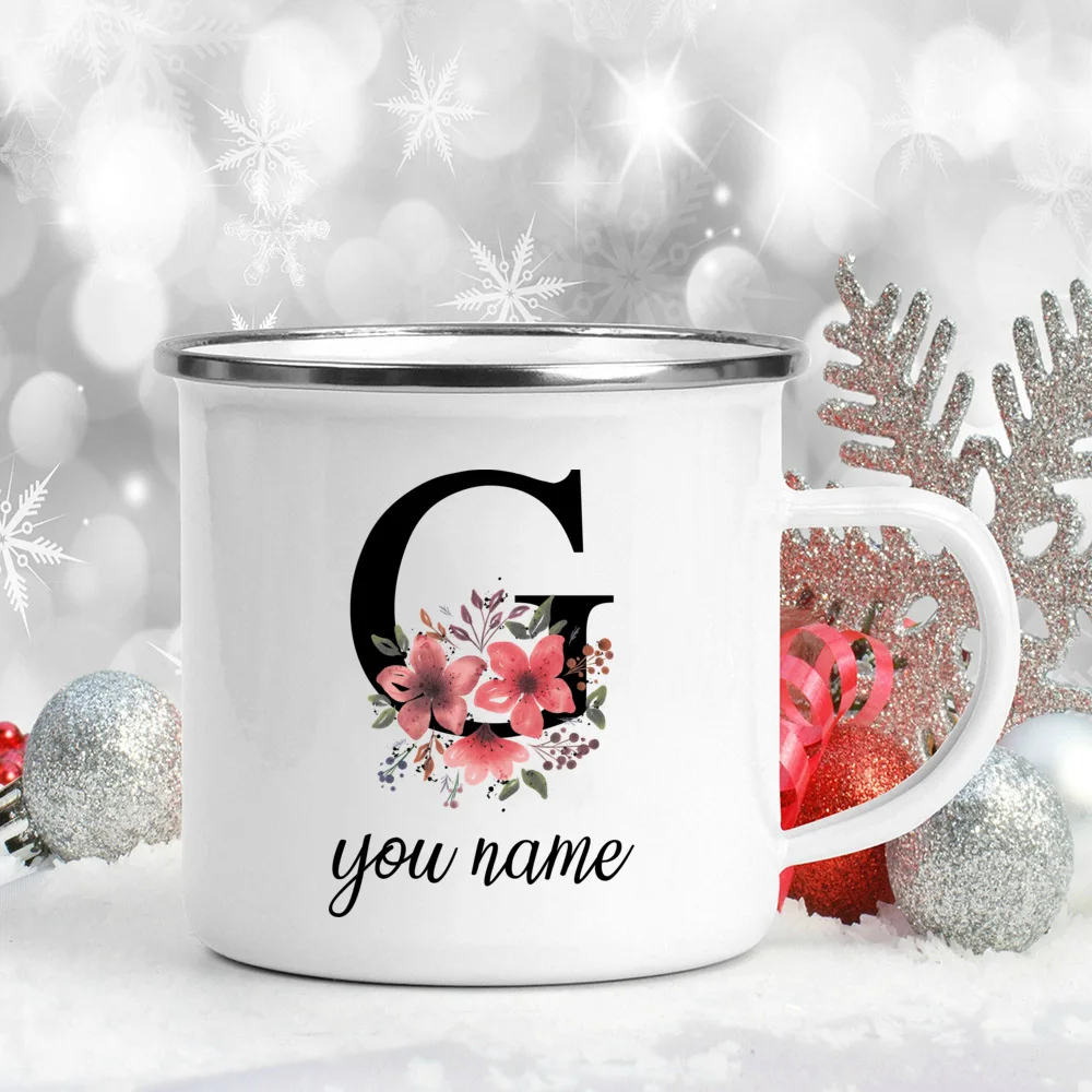 Custom Personalized Name Flower Enamel Mug
