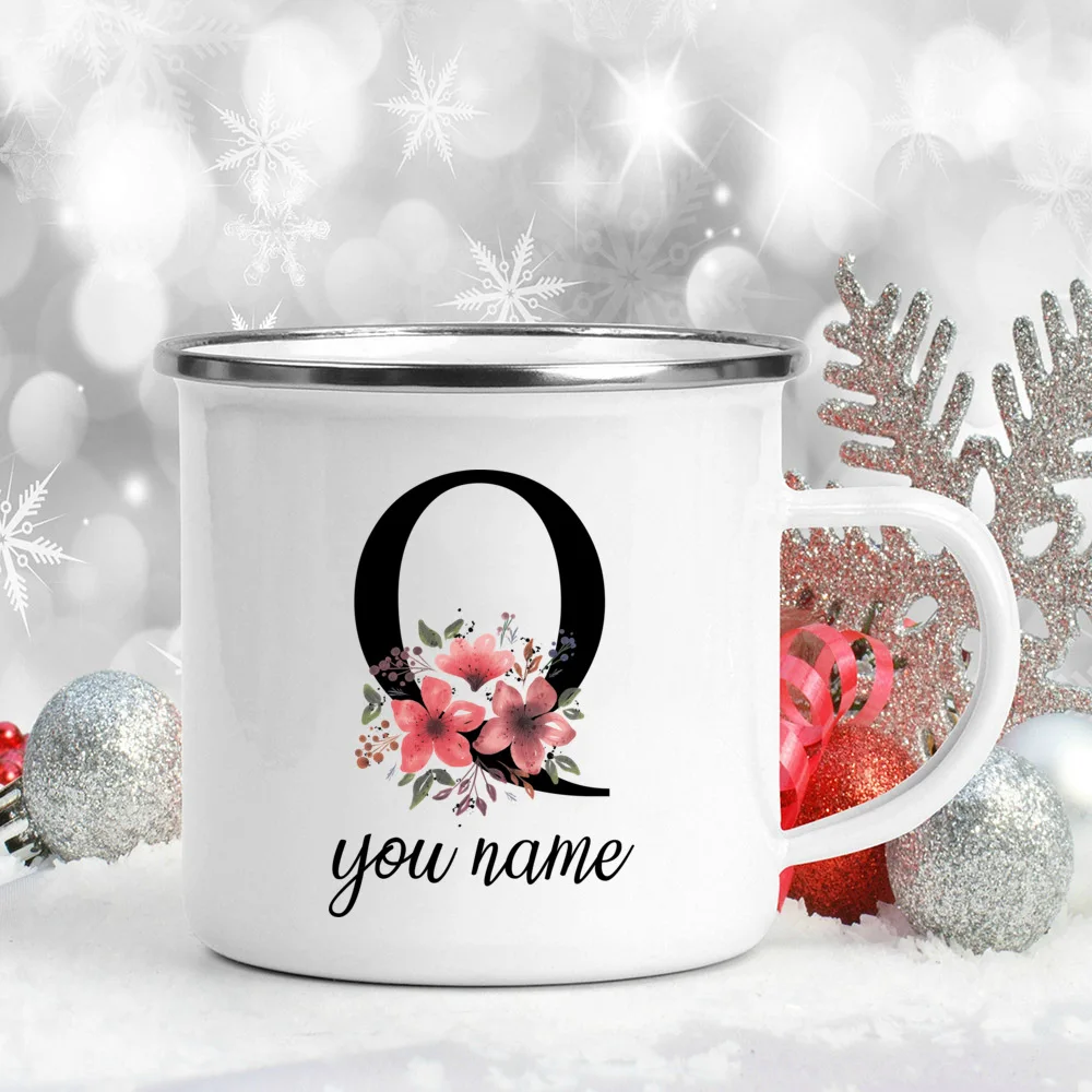 Custom Personalized Name Flower Enamel Mug