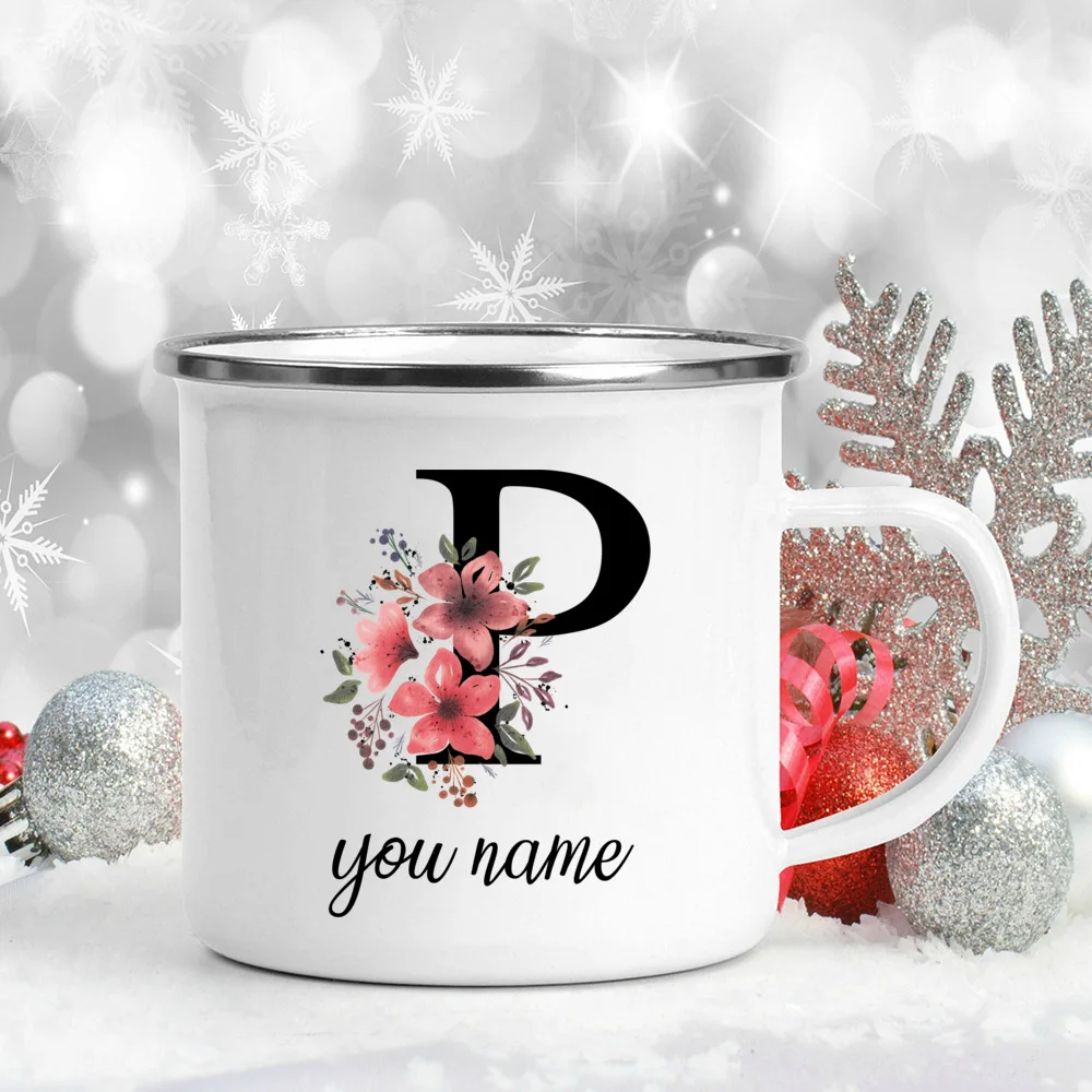 Custom Personalized Name Flower Enamel Mug