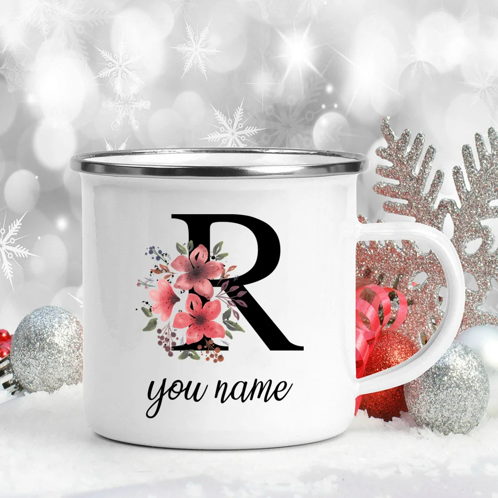 Custom Personalized Name Flower Enamel Mug