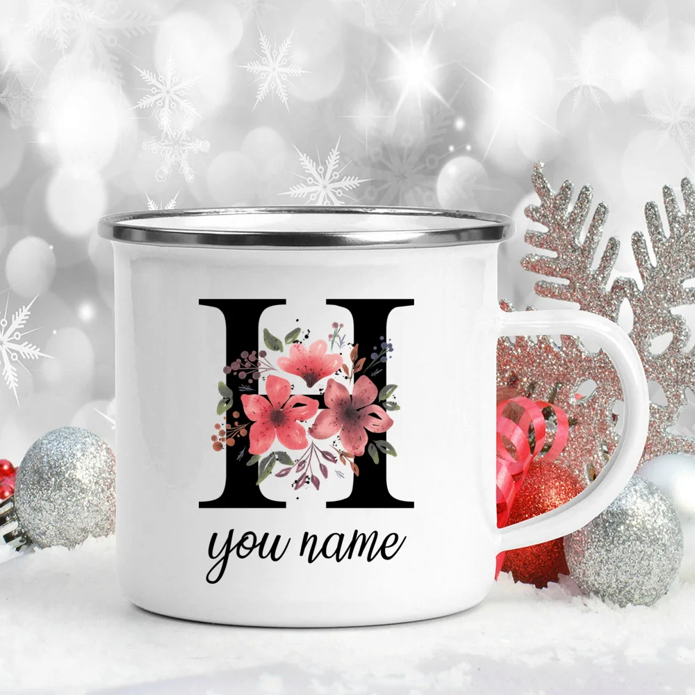 Custom Personalized Name Flower Enamel Mug