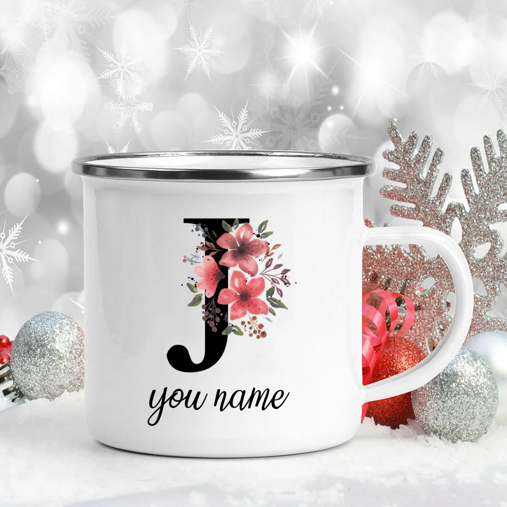 Custom Personalized Name Flower Enamel Mug