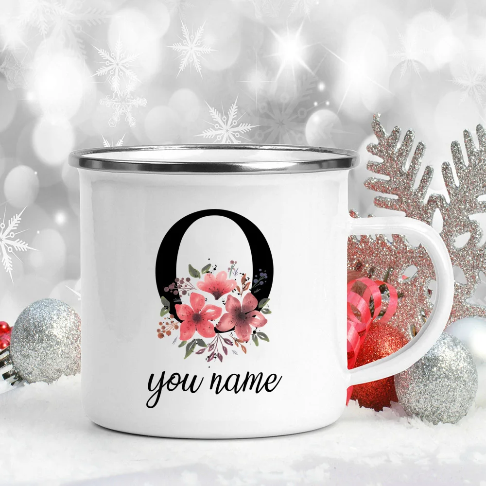 Custom Personalized Name Flower Enamel Mug