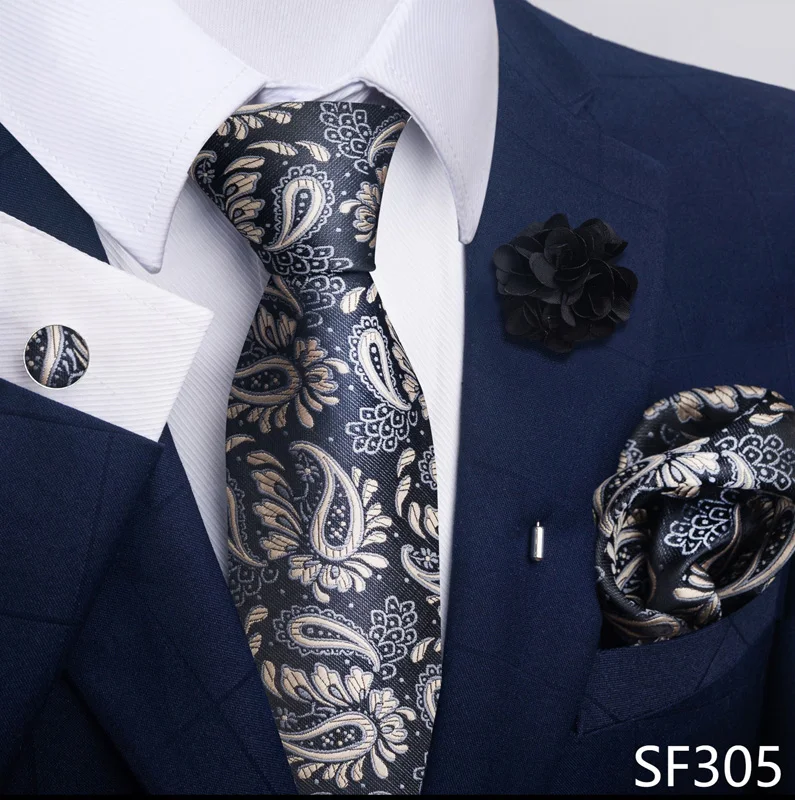 Floral Black Gold NeckTie Pocket Square Cufflinks Brooch Set Floral Black Gold NeckTie Pocket Square Cufflinks Brooch Set