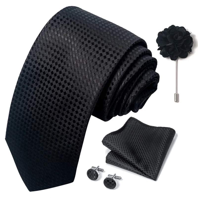 Floral Black Gold NeckTie Pocket Square Cufflinks Brooch Set Floral Black Gold NeckTie Pocket Square Cufflinks Brooch Set