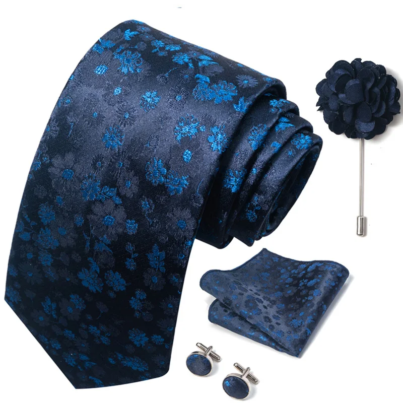 Floral Black Gold NeckTie Pocket Square Cufflinks Brooch Set Floral Black Gold NeckTie Pocket Square Cufflinks Brooch Set