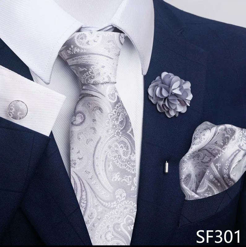 Floral Black Gold NeckTie Pocket Square Cufflinks Brooch Set Floral Black Gold NeckTie Pocket Square Cufflinks Brooch Set