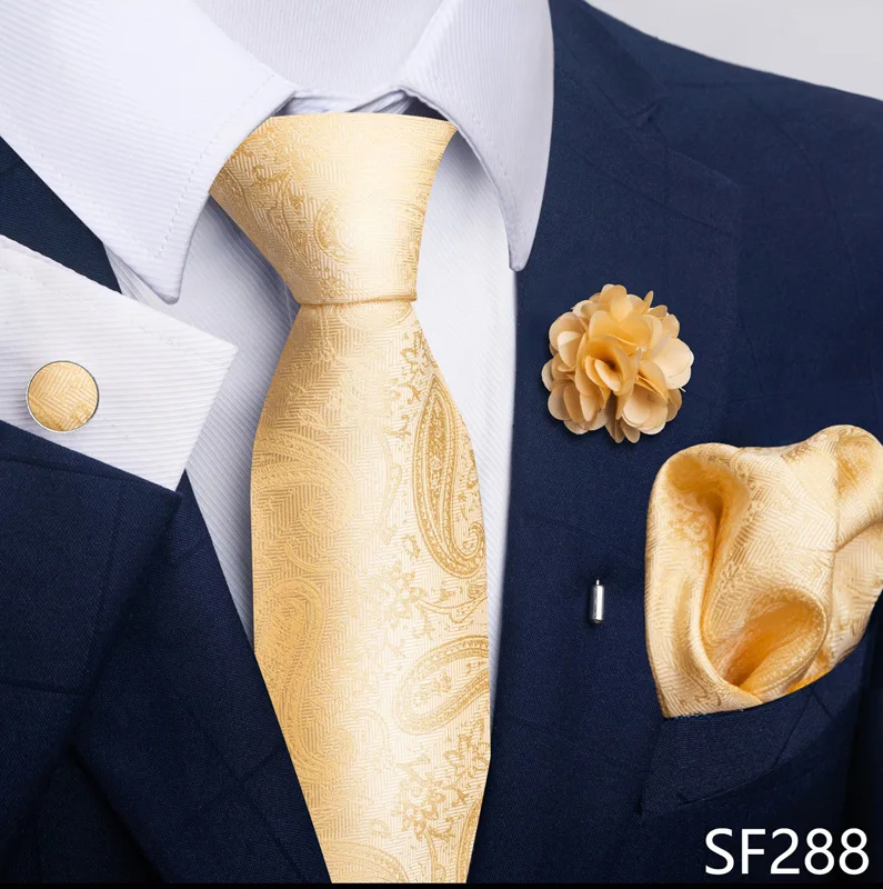 Floral Black Gold NeckTie Pocket Square Cufflinks Brooch Set Floral Black Gold NeckTie Pocket Square Cufflinks Brooch Set