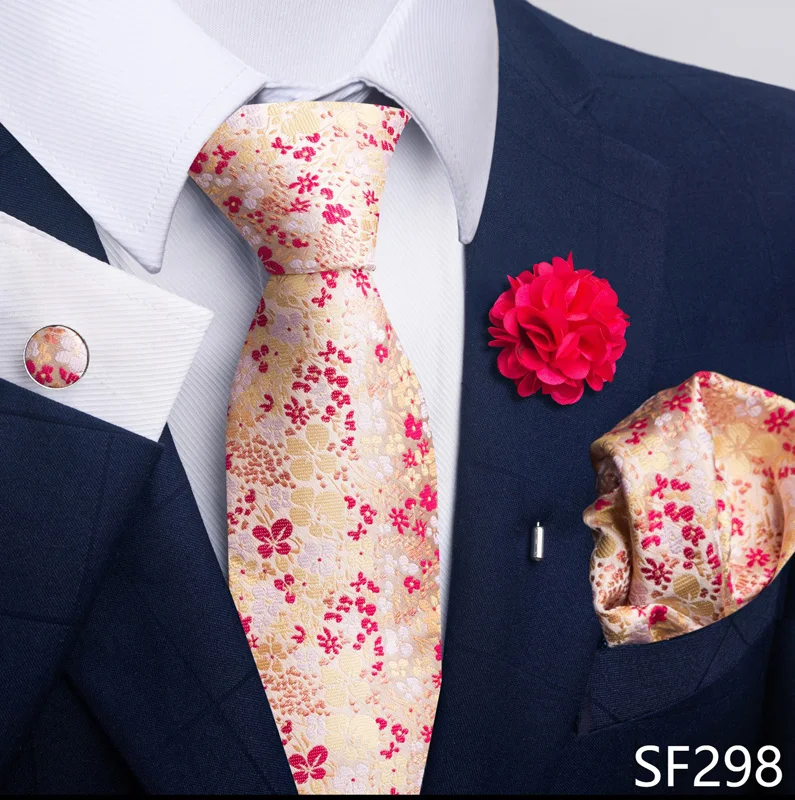 Floral Black Gold NeckTie Pocket Square Cufflinks Brooch Set Floral Black Gold NeckTie Pocket Square Cufflinks Brooch Set