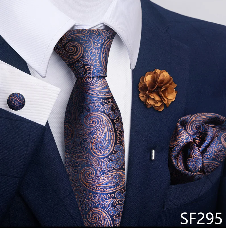 Floral Black Gold NeckTie Pocket Square Cufflinks Brooch Set Floral Black Gold NeckTie Pocket Square Cufflinks Brooch Set