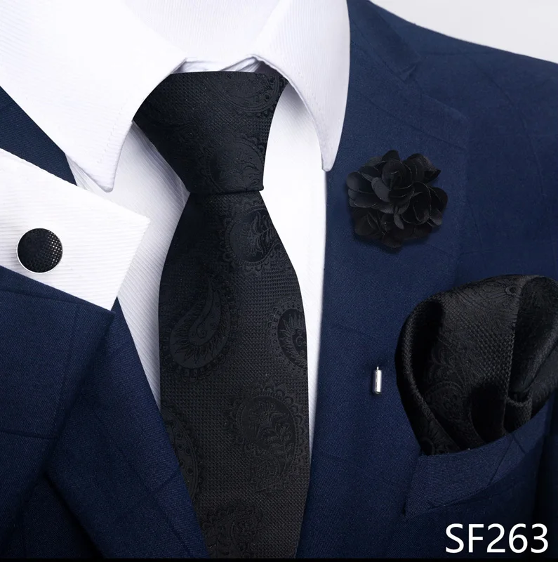 Floral Black Gold NeckTie Pocket Square Cufflinks Brooch Set Floral Black Gold NeckTie Pocket Square Cufflinks Brooch Set