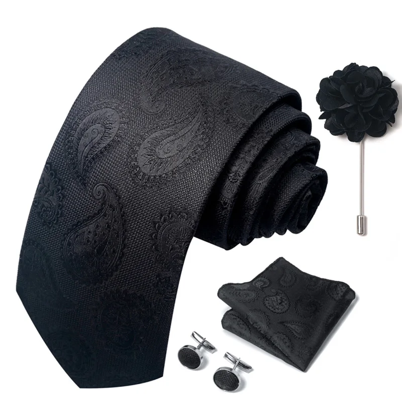 Floral Black Gold NeckTie Pocket Square Cufflinks Brooch Set Floral Black Gold NeckTie Pocket Square Cufflinks Brooch Set