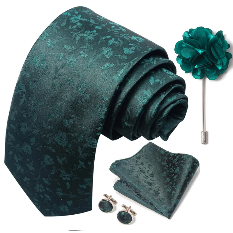 Floral Black Gold NeckTie Pocket Square Cufflinks Brooch Set Floral Black Gold NeckTie Pocket Square Cufflinks Brooch Set