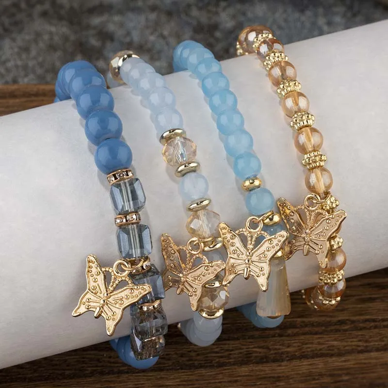 4Pcs Trendy Butterfly Beaded Bracelet Set For Women