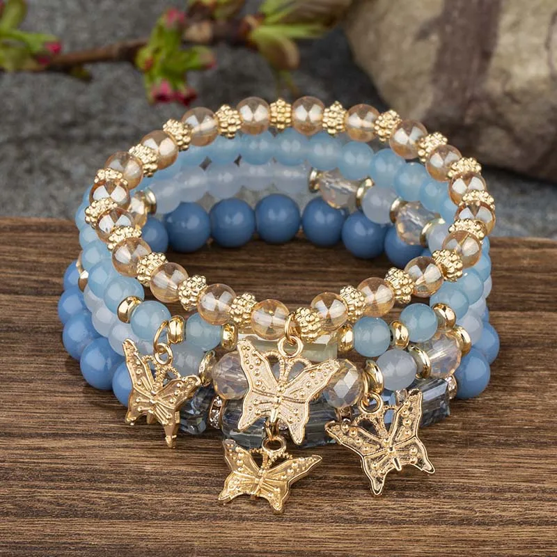 4Pcs Trendy Butterfly Beaded Bracelet Set For Women