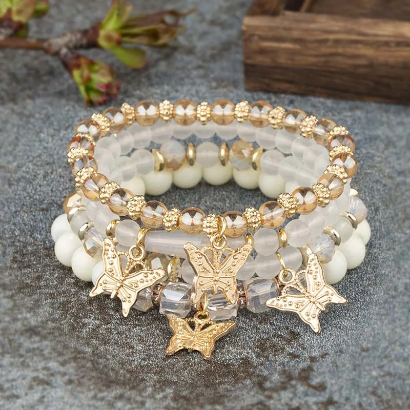 4Pcs Trendy Butterfly Beaded Bracelet Set For Women