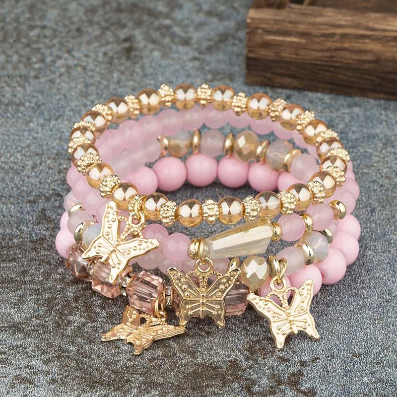 4Pcs Trendy Butterfly Beaded Bracelet Set For Women
