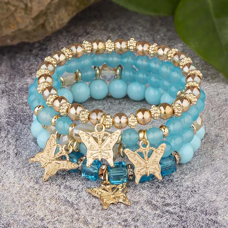 4Pcs Trendy Butterfly Beaded Bracelet Set For Women