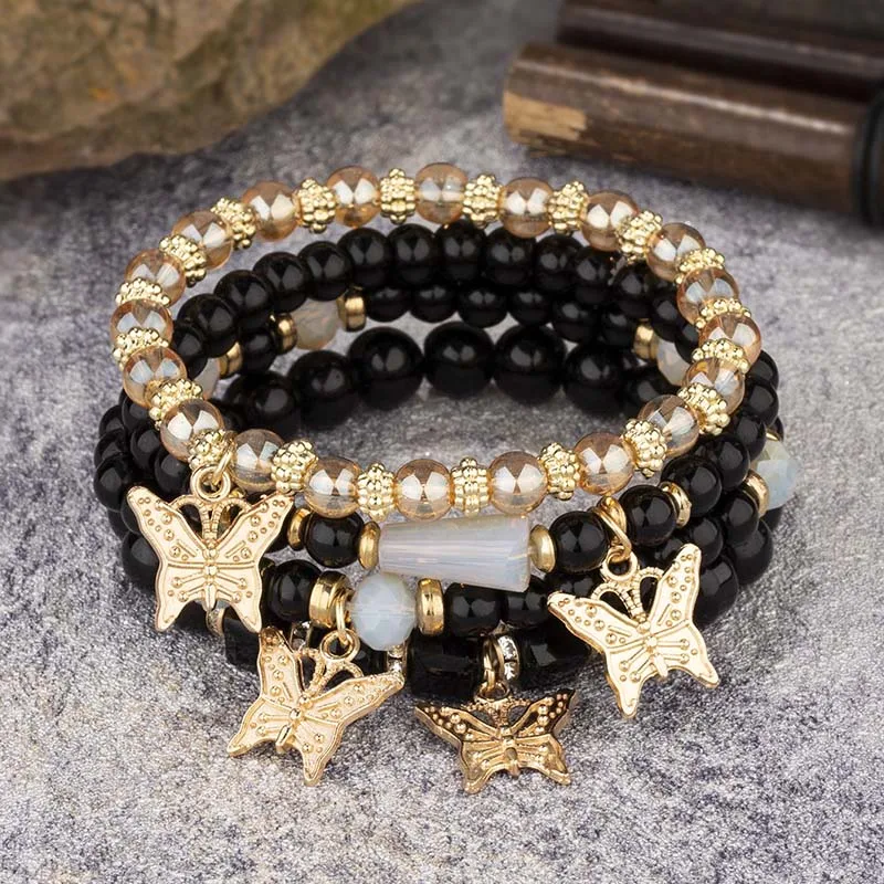 4Pcs Trendy Butterfly Beaded Bracelet Set For Women
