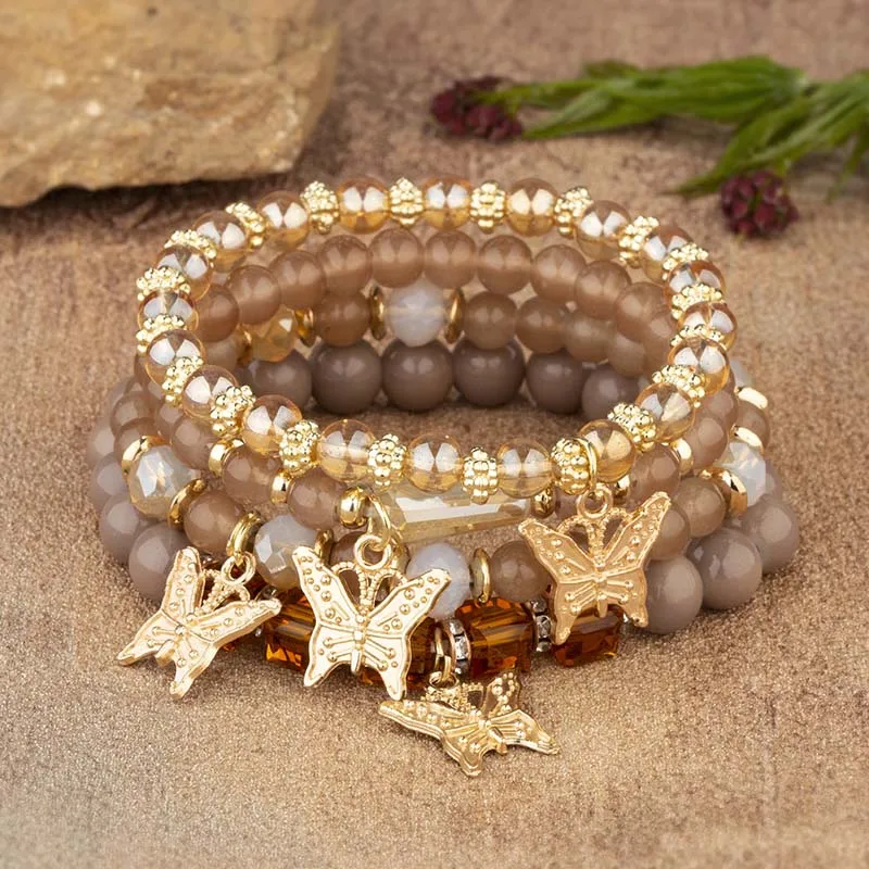 4Pcs Trendy Butterfly Beaded Bracelet Set For Women