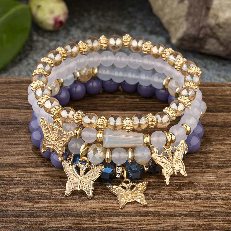 4Pcs Trendy Butterfly Beaded Bracelet Set For Women