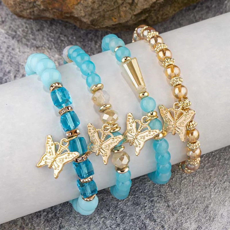 4Pcs Trendy Butterfly Beaded Bracelet Set For Women