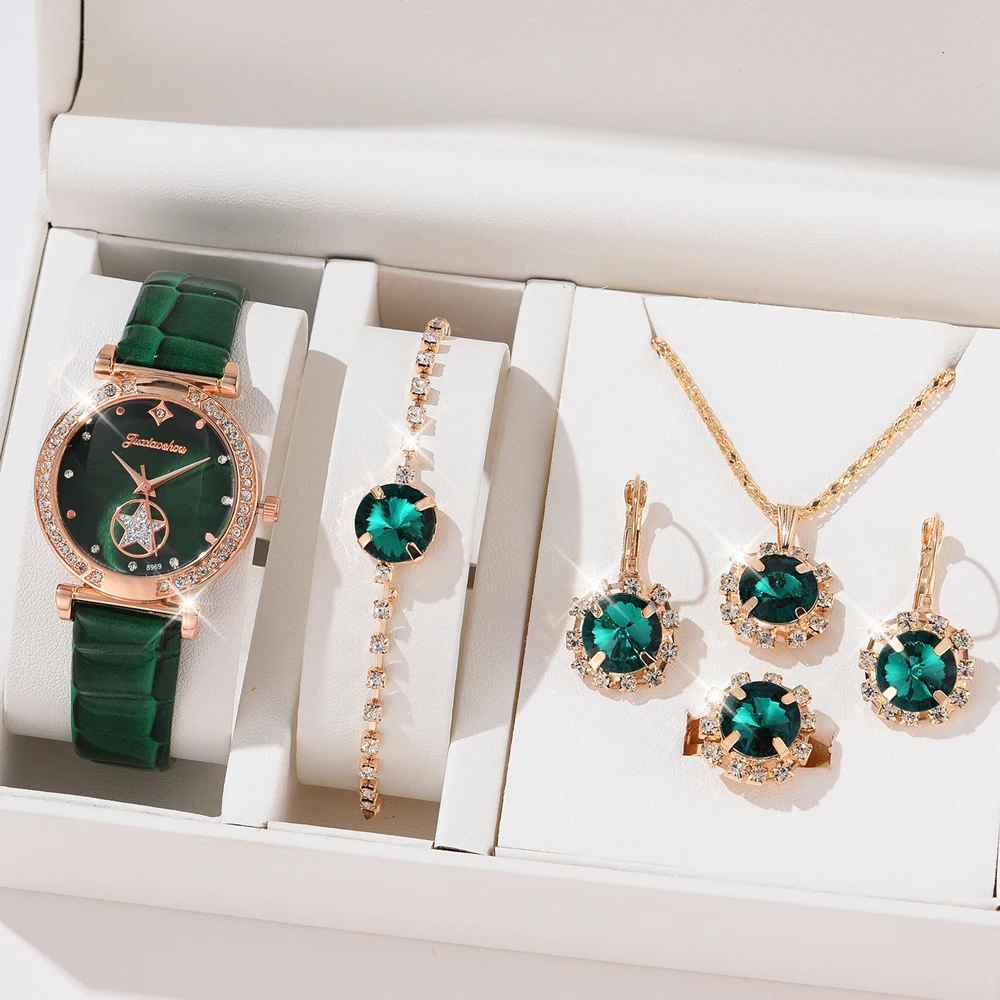 6PCS Set Luxury Quartz Ring Necklace Earring Watch Women