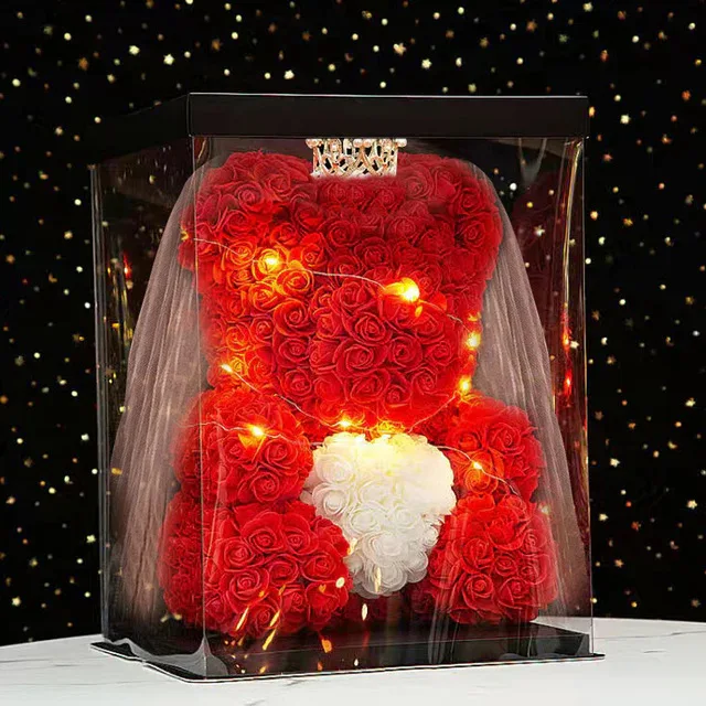 25cm Artificial Teddy Rose Flower Bear with Box Valentines Day Gift