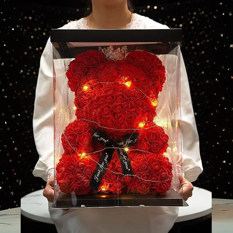 25cm Artificial Teddy Rose Flower Bear with Box Valentines Day Gift