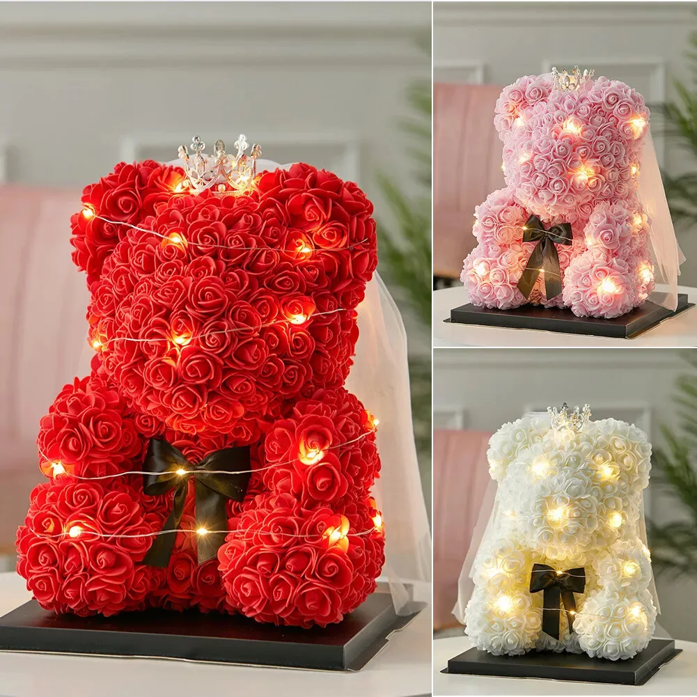 25cm Artificial Teddy Rose Flower Bear with Box Valentines Day Gift