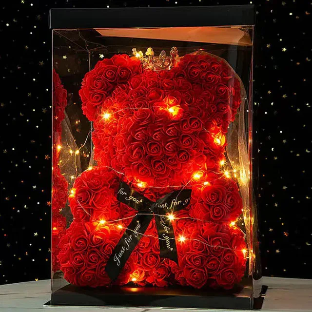 25cm Artificial Teddy Rose Flower Bear with Box Valentines Day Gift