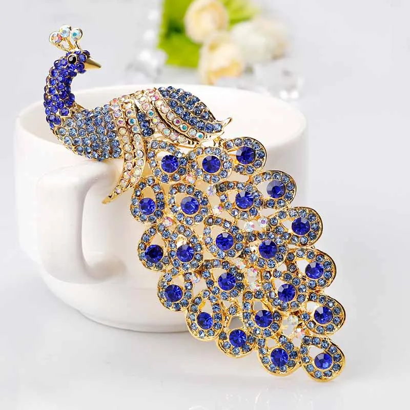 Blue Crystal Rhinestone Peacock Brooch Jewelry Pin