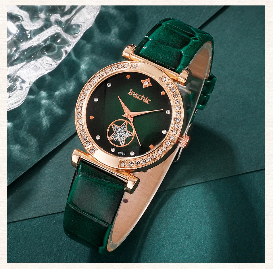 6PCS Set Green Luxury Quartz Watch Women Ring Necklace Earring 6PCS Set Green Luxury Quartz Watch Women Ring Necklace Earring