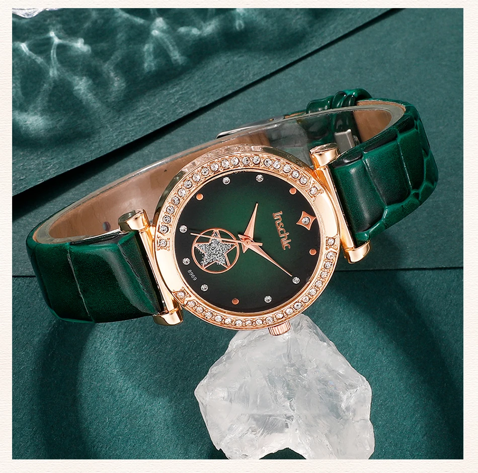 6PCS Set Green Luxury Quartz Watch Women Ring Necklace Earring 6PCS Set Green Luxury Quartz Watch Women Ring Necklace Earring