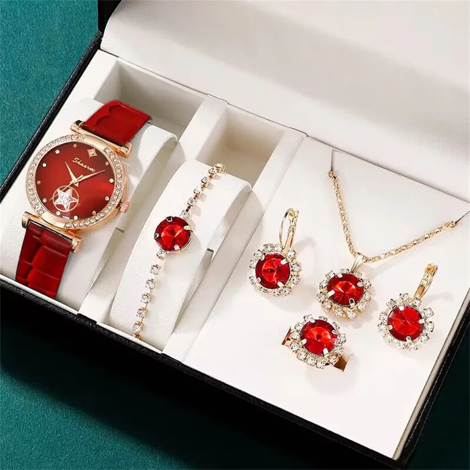 6PCS Set Green Luxury Quartz Watch Women Ring Necklace Earring 6PCS Set Green Luxury Quartz Watch Women Ring Necklace Earring