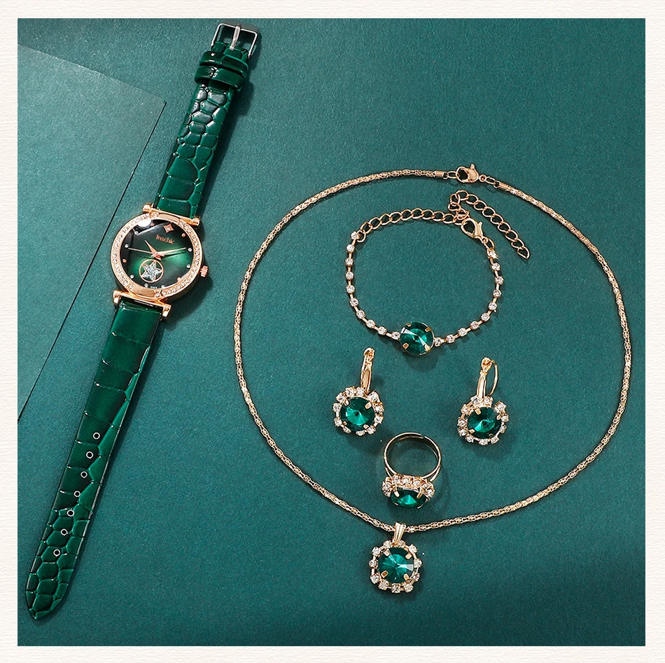6PCS Set Green Luxury Quartz Watch Women Ring Necklace Earring 6PCS Set Green Luxury Quartz Watch Women Ring Necklace Earring