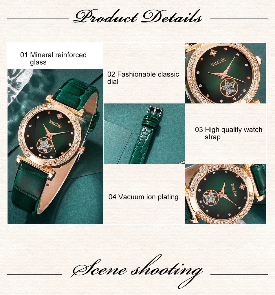 6PCS Set Green Luxury Quartz Watch Women Ring Necklace Earring 6PCS Set Green Luxury Quartz Watch Women Ring Necklace Earring