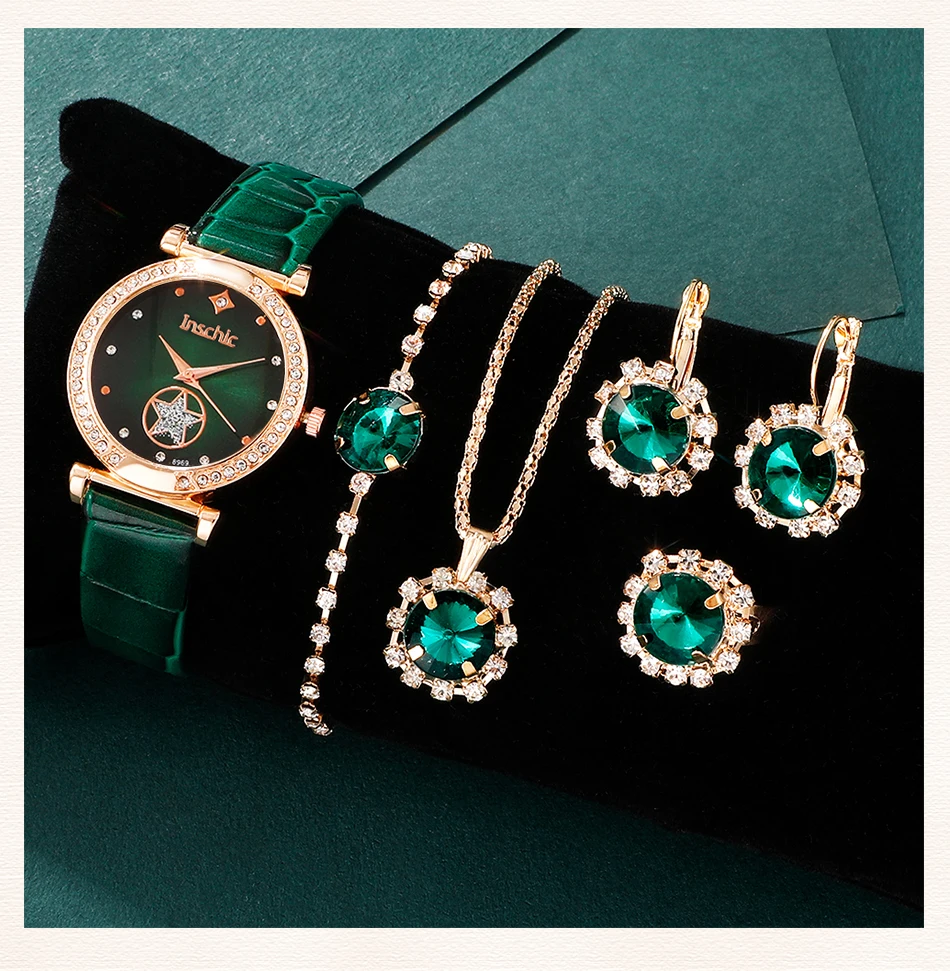 6PCS Set Green Luxury Quartz Watch Women Ring Necklace Earring 6PCS Set Green Luxury Quartz Watch Women Ring Necklace Earring