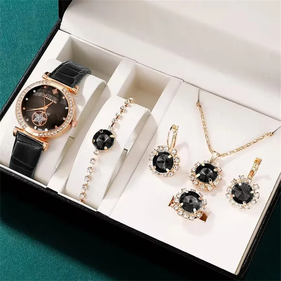 6PCS Set Green Luxury Quartz Watch Women Ring Necklace Earring 6PCS Set Green Luxury Quartz Watch Women Ring Necklace Earring