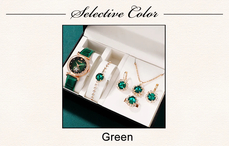 6PCS Set Green Luxury Quartz Watch Women Ring Necklace Earring 6PCS Set Green Luxury Quartz Watch Women Ring Necklace Earring