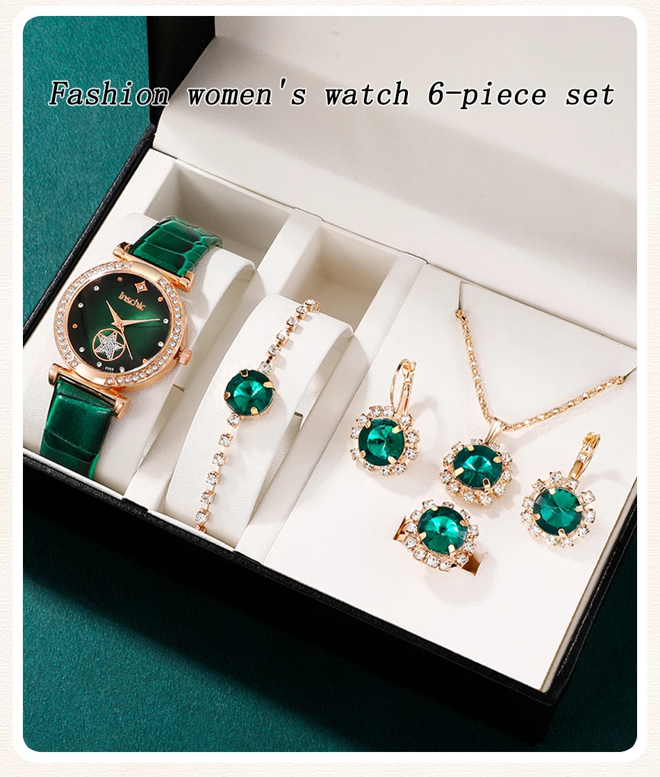 6PCS Set Green Luxury Quartz Watch Women Ring Necklace Earring 6PCS Set Green Luxury Quartz Watch Women Ring Necklace Earring