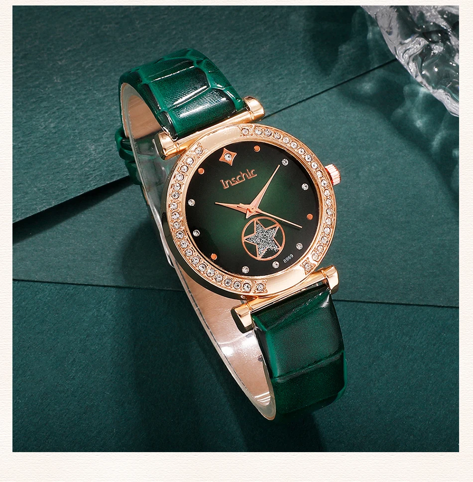 6PCS Set Green Luxury Quartz Watch Women Ring Necklace Earring 6PCS Set Green Luxury Quartz Watch Women Ring Necklace Earring