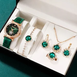 6PCS Set Green Luxury Quartz Watch Women Ring Necklace Earring