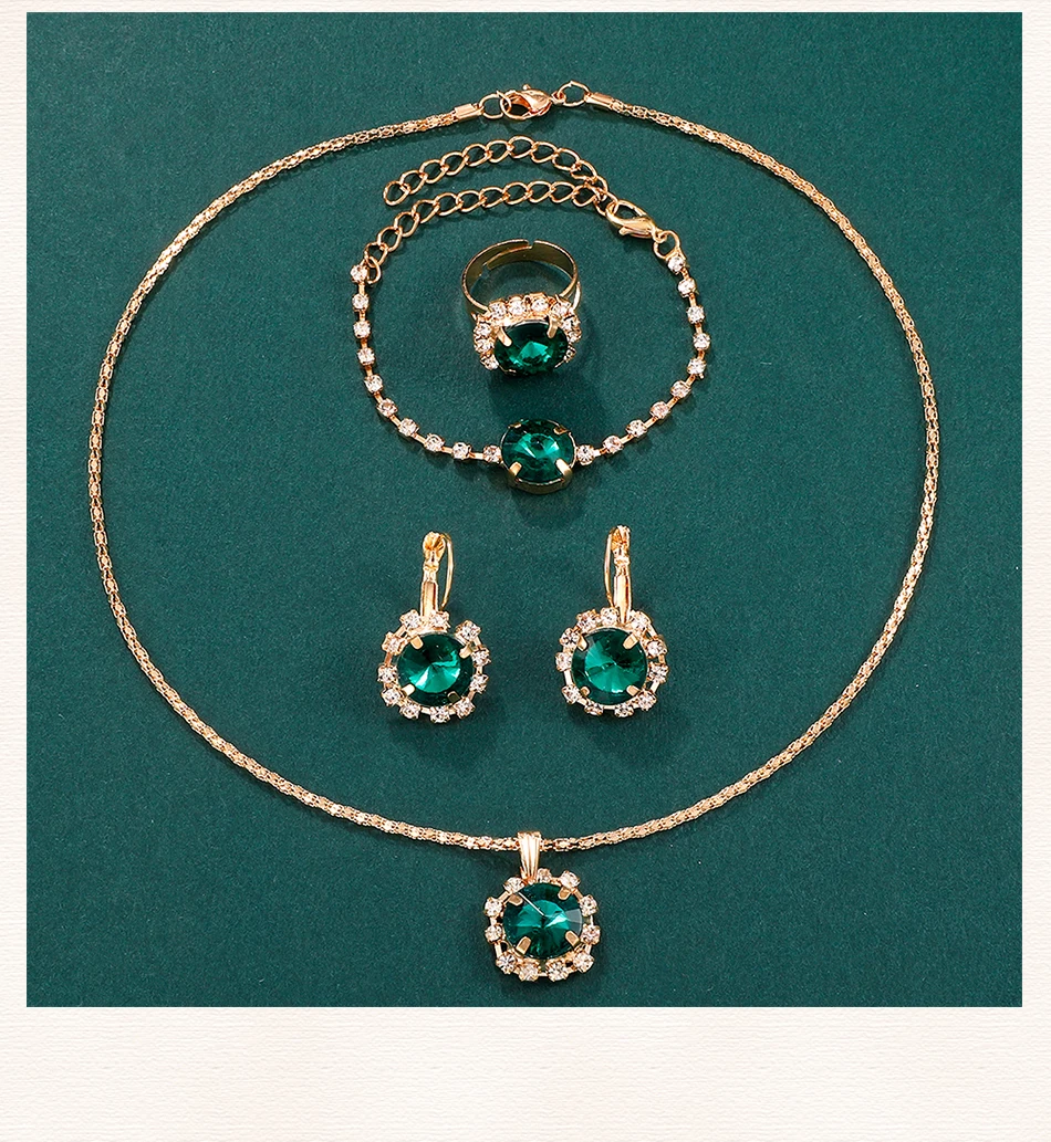 6PCS Set Green Luxury Quartz Watch Women Ring Necklace Earring 6PCS Set Green Luxury Quartz Watch Women Ring Necklace Earring