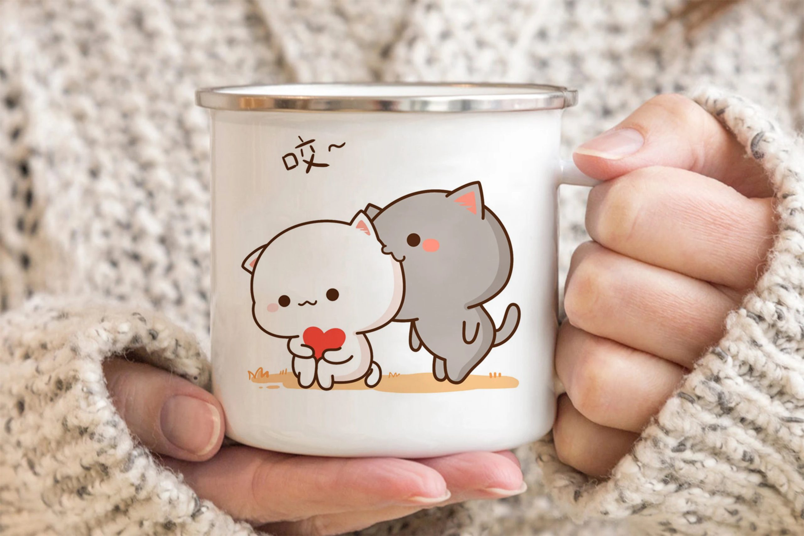 New Peach and Goma cat enamel coffee tea cup New Peach and Goma cat enamel coffee tea cup